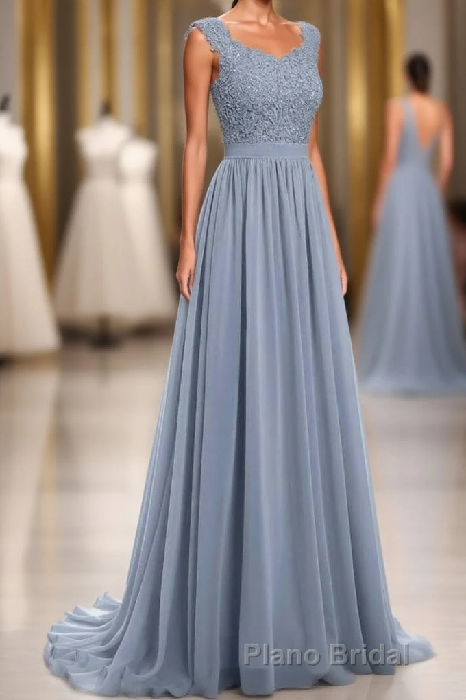 Dusty Blue Lace Cap Sleeve A-Line Floor-Length Bridesmaid Dresses Main image