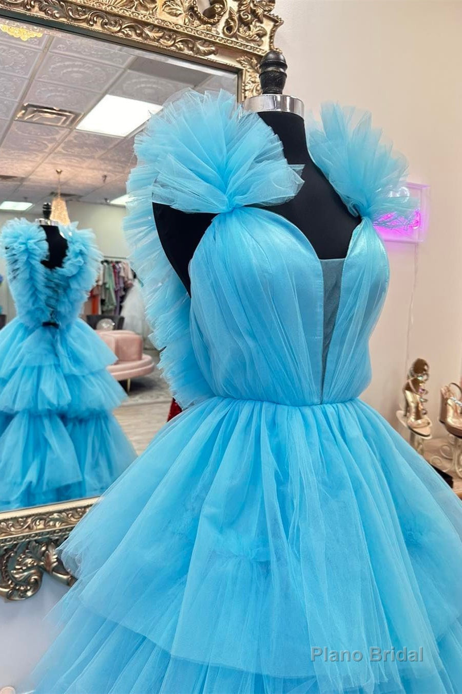Blue Tulle Ruffles Multi-Layers Plunging V Neck Long Prom Dress Secondary image