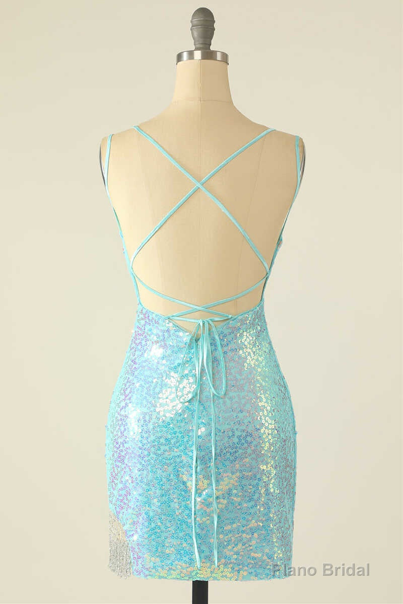 Light Blue Sequin Lace-Up Mini Homecoming Dress