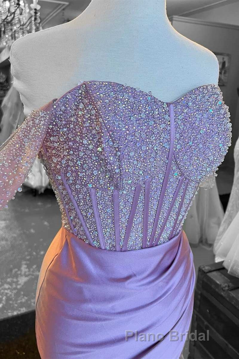 Lilac Beaded Off-the-Shoulder Long Prom Dresses with Slit Secondary image