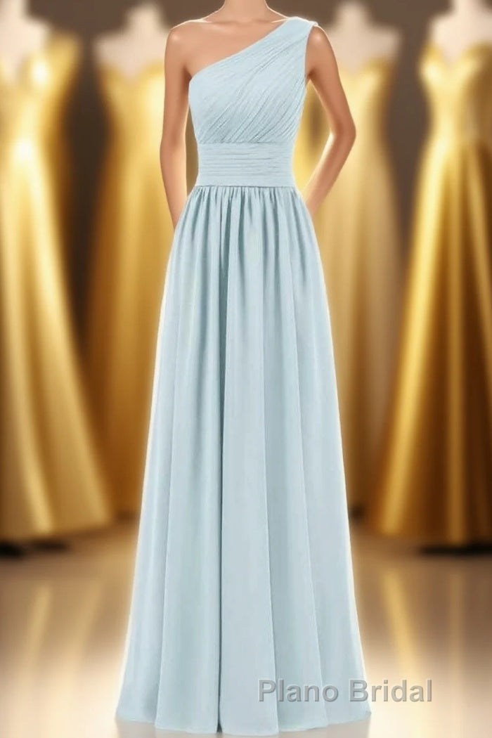 Dusty Blue Chiffon One-Shoulder Banded Waist Bridesmaid Dresses Main image
