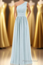 Dusty Blue Chiffon One-Shoulder Banded Waist Bridesmaid Dresses