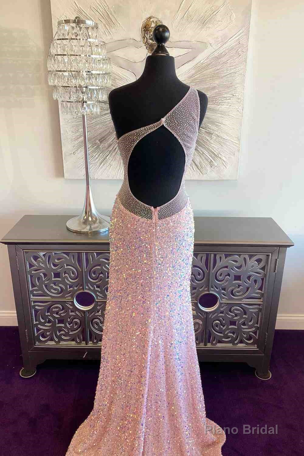 Pink Mermaid One Shoulder Sequins Keyhole Long Prom Dress with Slit