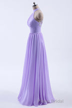 High Neck Lavender Chiffon Empire A-line Long Bridesmaid Dresses