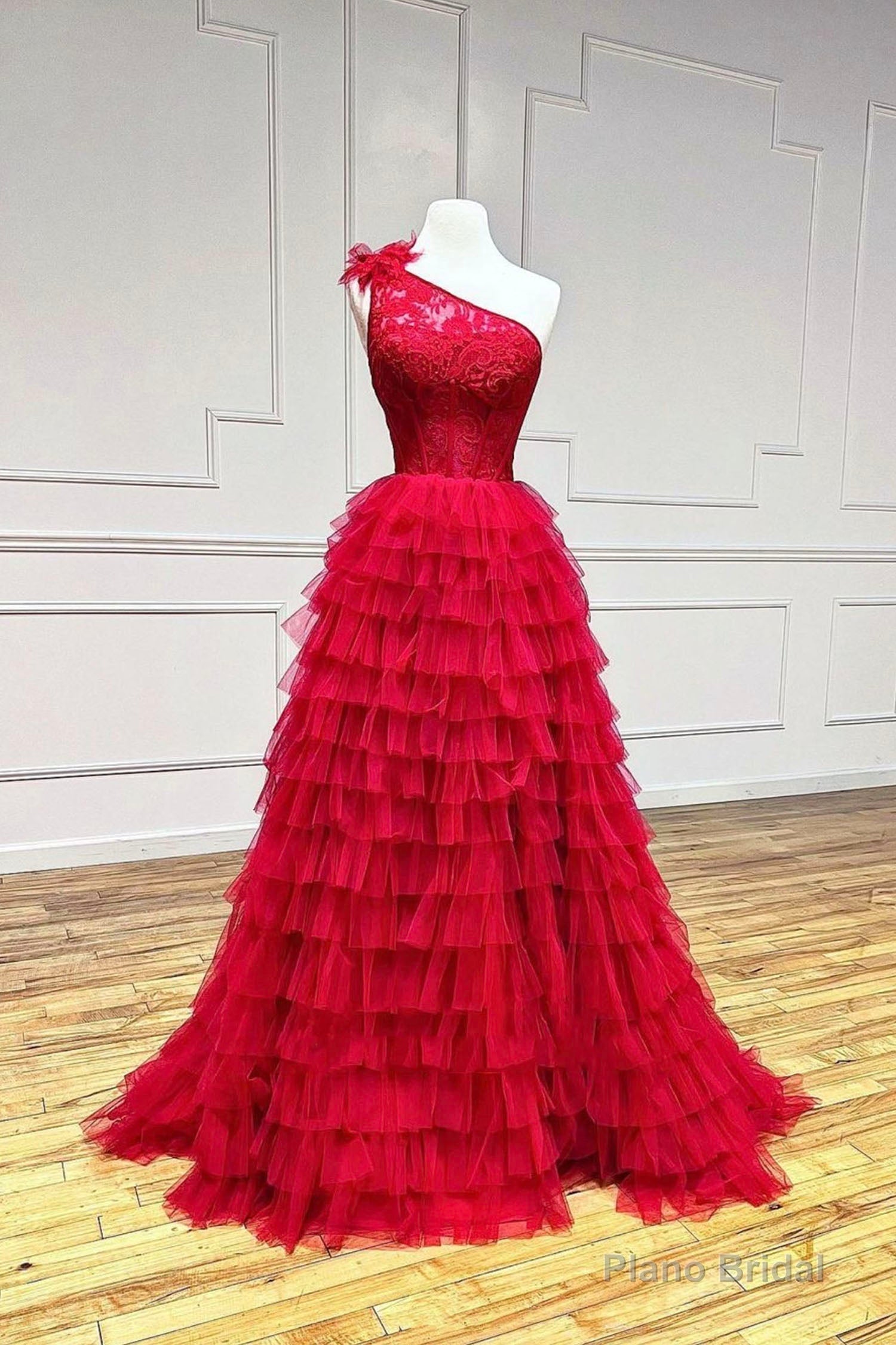 Red Tulle Lace Long Prom Dresses, One Shoulder Evening Dresses Main image
