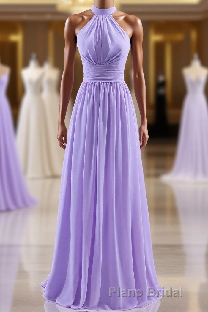 High Neck Lavender Chiffon Empire A-line Long Bridesmaid Dresses