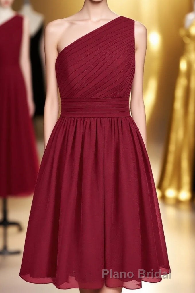 Wine Red Chiffon One-Shoulder Gathered Short Bridesmaid Dresses Main image