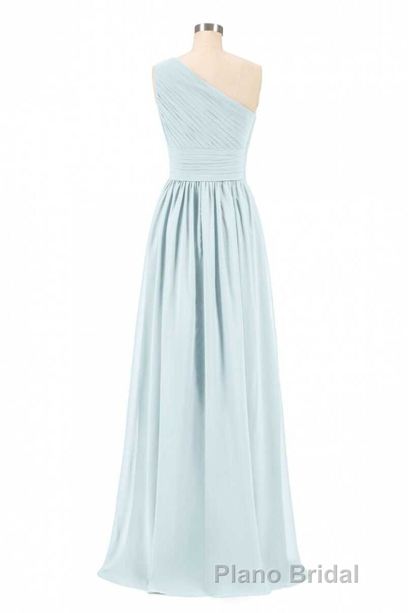 Dusty Blue Chiffon One-Shoulder Banded Waist Bridesmaid Dresses