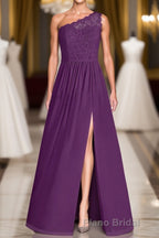 One-Shoulder Purple Lace A-Line Long Bridesmaid Dresses with Slit