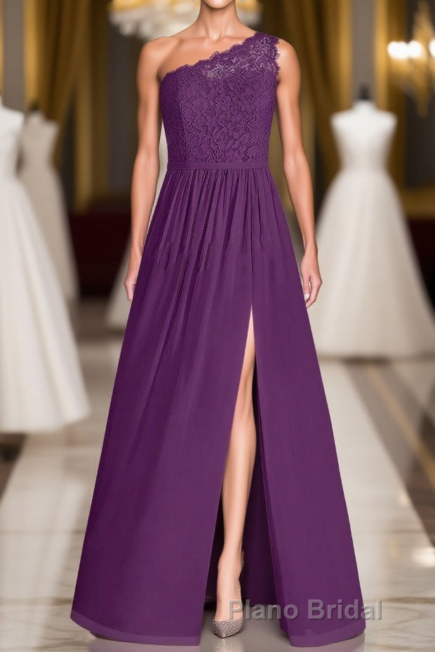 One-Shoulder Purple Lace A-Line Long Bridesmaid Dresses with Slit