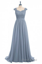 Dusty Blue Lace Cap Sleeve A-Line Floor-Length Bridesmaid Dresses