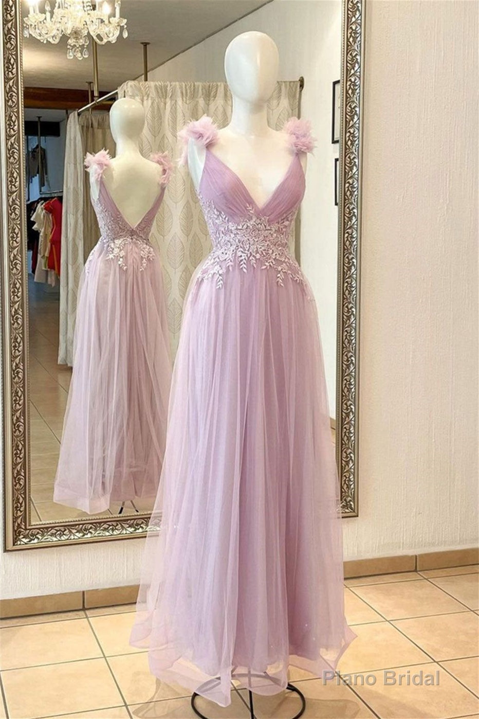 Pink Deep V Neck Flowers Pleated Appliques Long Prom Dress Main image
