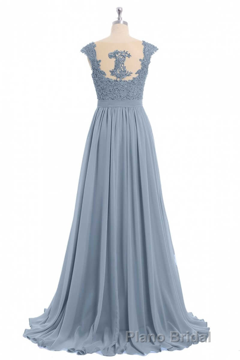 Dusty Blue Lace Cap Sleeve A-Line Floor-Length Bridesmaid Dresses