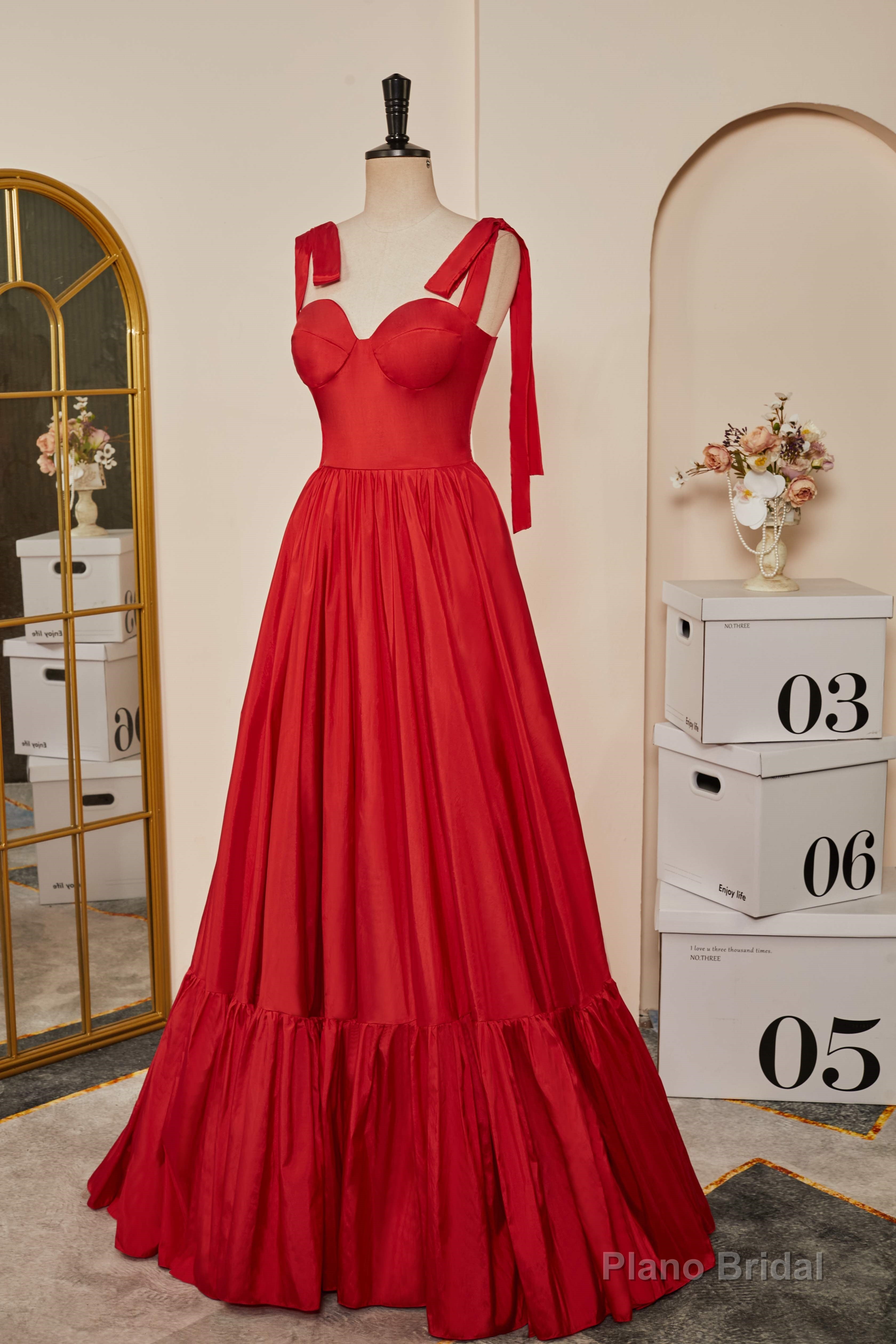 Red Bow Tie Straps A-line Satin Long Prom Dress Secondary image
