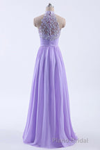 High Neck Lavender Chiffon Empire A-line Long Bridesmaid Dresses