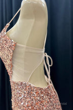 Pink Mermaid V Neck Lace-Up Back Sequins Long Prom Dress with Slit