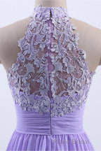 High Neck Lavender Chiffon Empire A-line Long Bridesmaid Dresses