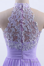 High Neck Lavender Chiffon Empire A-line Long Bridesmaid Dresses