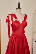 Red Bow Tie Straps A-line Satin Long Prom Dress