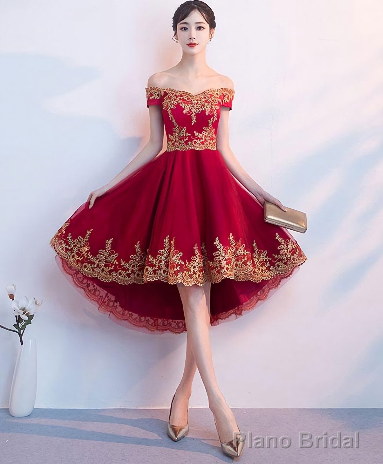 Burgundy Tulle Lace Short Prom Dress High Low Bridesmaid Dress Main image