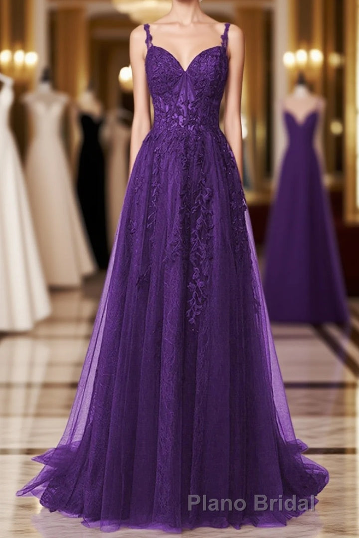 Purple A-Line Tulle Off Shoulder Long Formal Prom Dresses With Lace, Purple Evening Dresses Party Dresses Main image