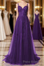 Purple A-Line Tulle Off Shoulder Long Formal Prom Dresses With Lace, Purple Evening Dresses Party Dresses