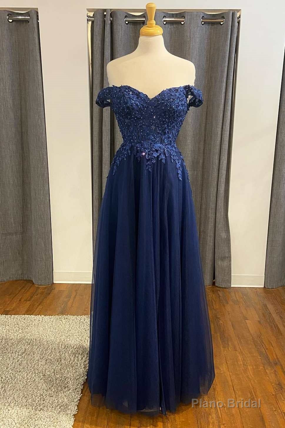 Navy Blue Appliques Off-the-Shoulder A-Line Formal Dress Main image