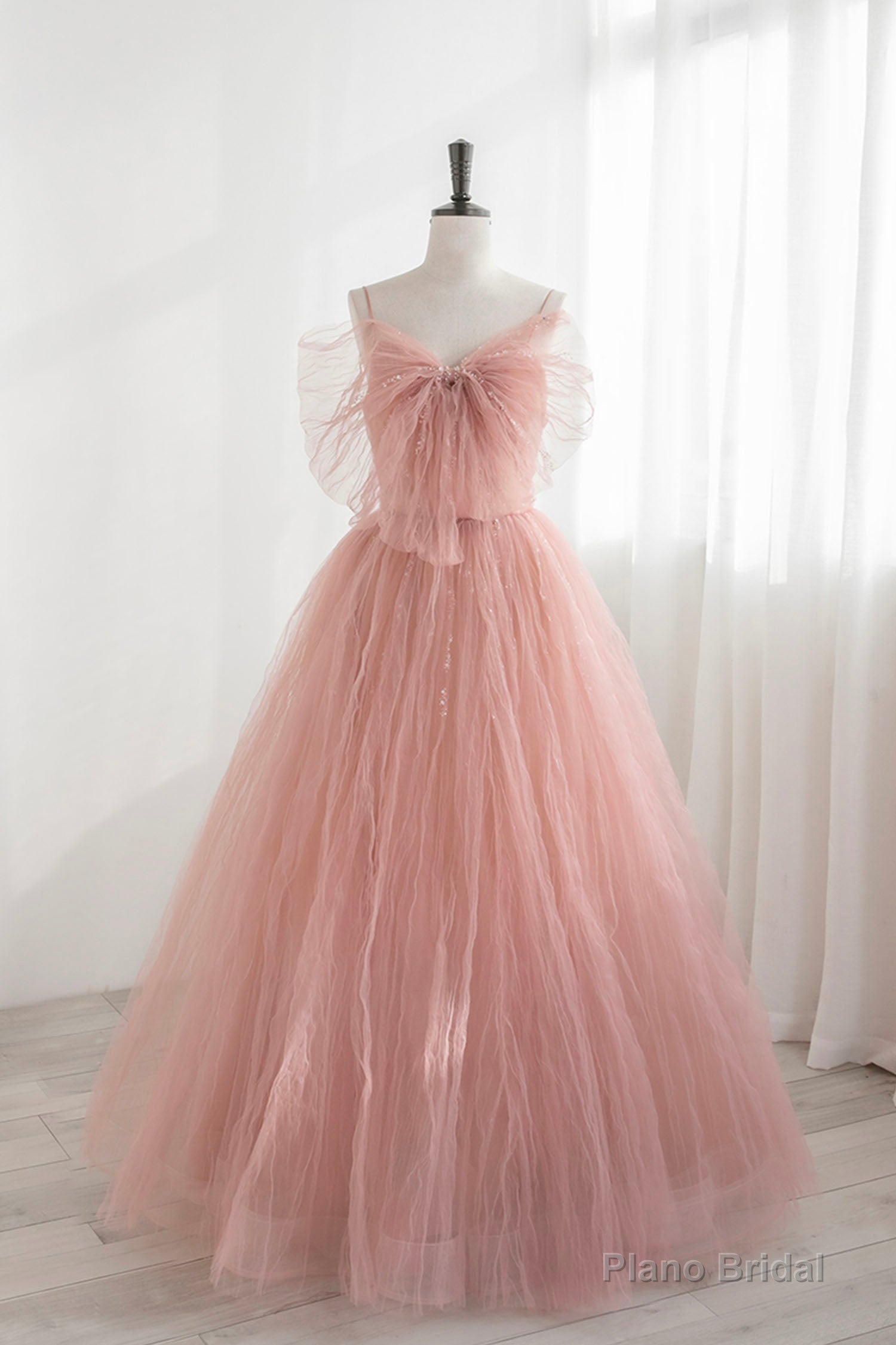 Pink Tulle Beaded Long Prom Dress, A-Line Evening Dress with Bow Main image