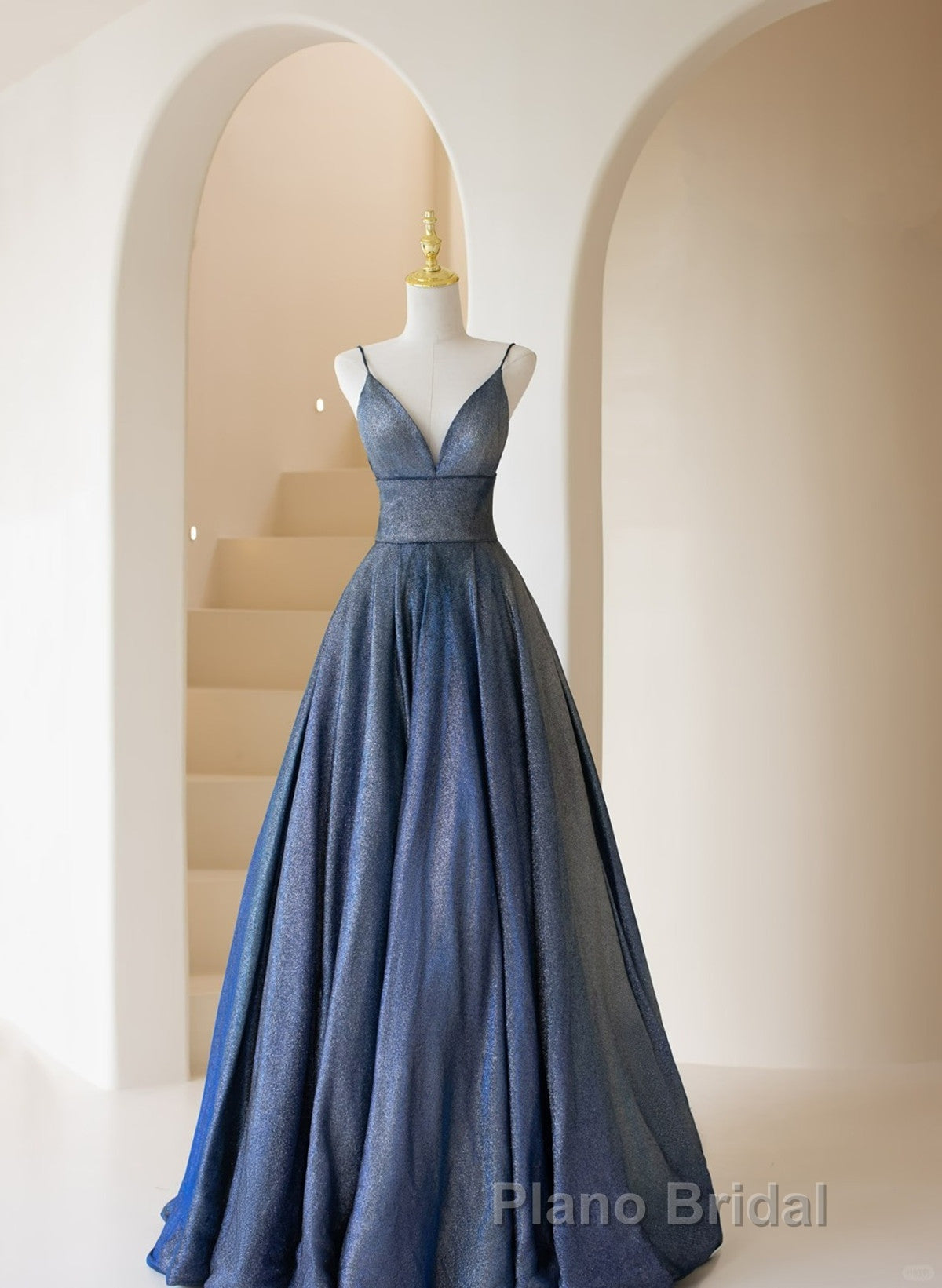 Blue V-Neckline Straps Low Back A-Line Formal Prom Dresses, Blue Long Evening Dresses Secondary image