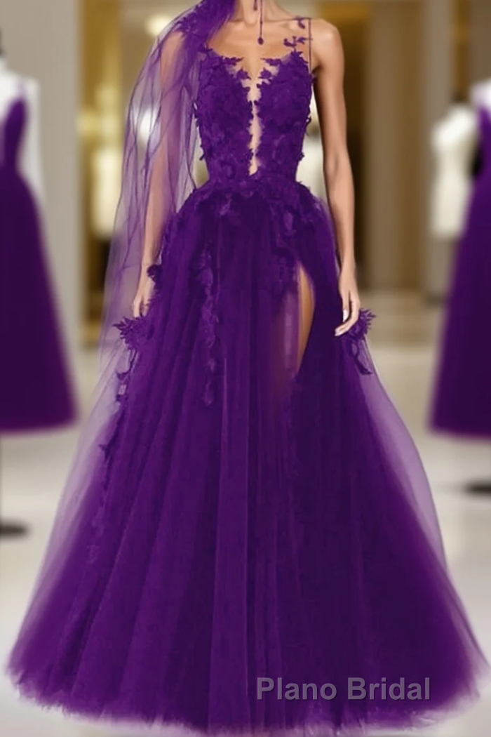 Purple Tulle With Lace Applique Long Party Dresses, A-Line Tulle Prom Dresses