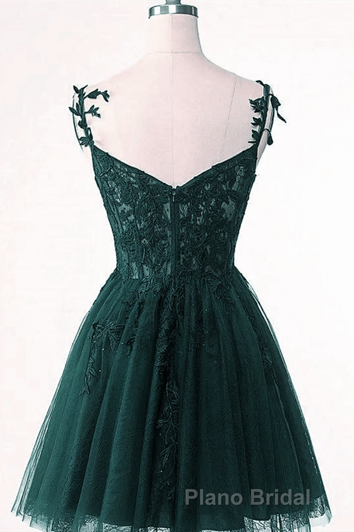 V-Neckline Dark Green Tulle With Lace Short Homecoming Dresses, Green Short Formal Prom Dresses