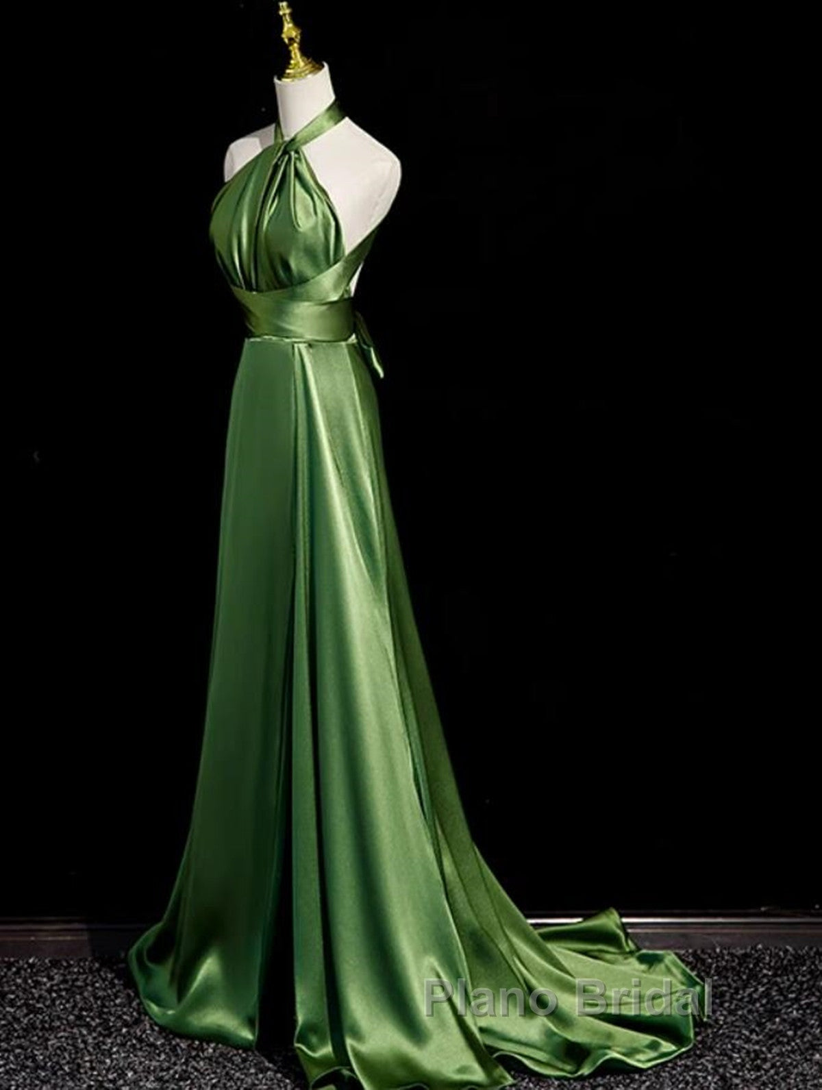 Green Soft Satin Halter Long Evening Dresses Party Dresses, Green A-line Formal Prom Dresses