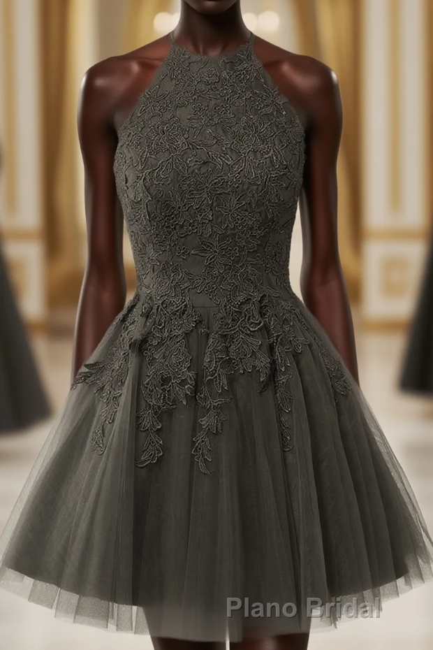 Black Halter Tulle With Lace Short Party Dresses, Black Tulle Homecoming Dresses