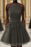 Black Halter Tulle With Lace Short Party Dresses, Black Tulle Homecoming Dresses