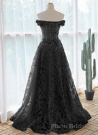 A-Line Off Shoulder Black Tulle With Lace Party Dresses, Black Long Formal Prom Dresses