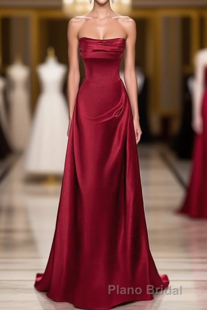 A-Line Sleeveless Wine Red Satin Evening Dresses, Wine Red Long Formal Prom Dresses Main image