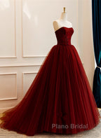 Wine Red Tulle Scoop Long Formal Dresses, Wine Red Tulle Formal Prom Dresses Party Dresses