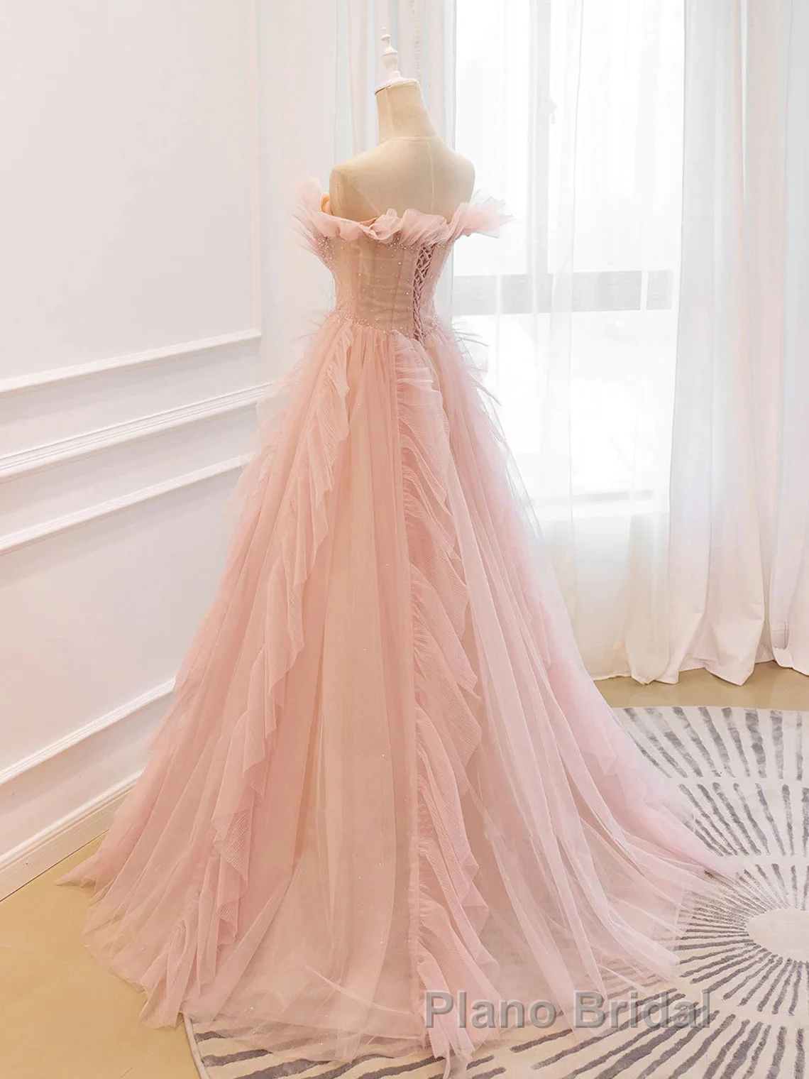 Pink Tulle Off The Shoulder A-Line Tulle Ruffles Floor-Length Formal Prom Dresses, Pink Long Party Dresses