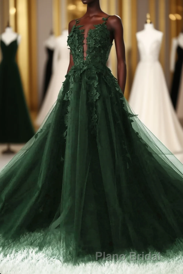 Green A-Line Tulle With Lace Low Back Formal Prom Dresses, Green Tulle Evening Dresses Party Dresses Main image