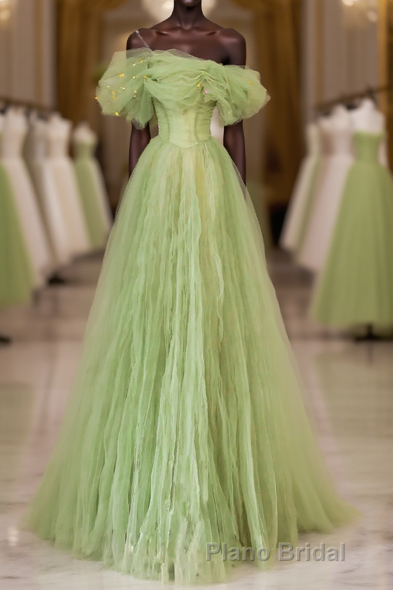 Green Floor Length Simple Off Shoulder Long Prom Dresses, Green A-Line Formal Prom Dresses Main image
