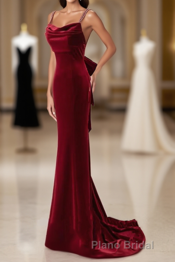 Wine Red Velvet Low Back Straps Long Party Dresses, Wine Red Wedding Party Dresses Main image