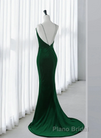 Green Velvet Mermaid Straps Long Prom Dresses, Green Evening Dresses Party Dresses