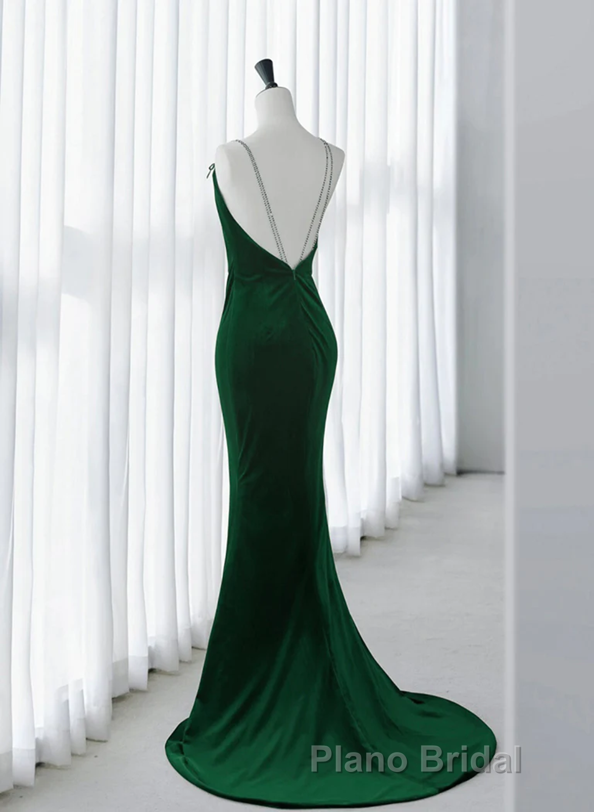 Green Velvet Mermaid Straps Long Prom Dresses, Green Evening Dresses Party Dresses