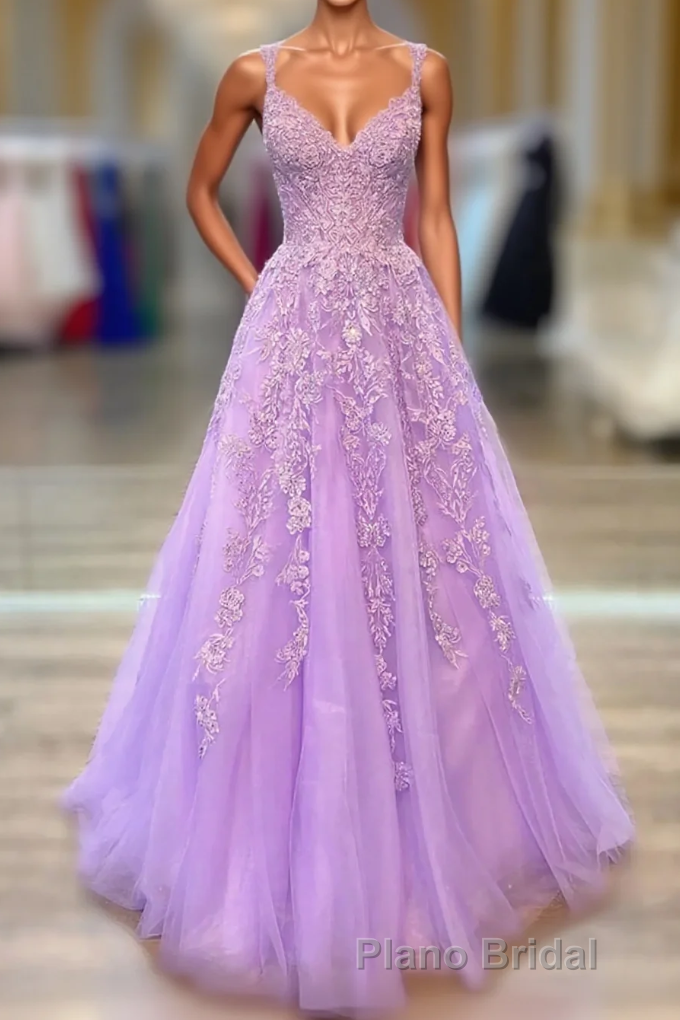 A-Line Tulle Princess Light Purple Formal Prom Dresses With Appliques, Tulle Straps Prom Dresses Main image