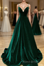 Green V-Neckline Straps Lace-Up A-Line Formal Prom Dresses, Green Velvet Long Formal Prom Dresses