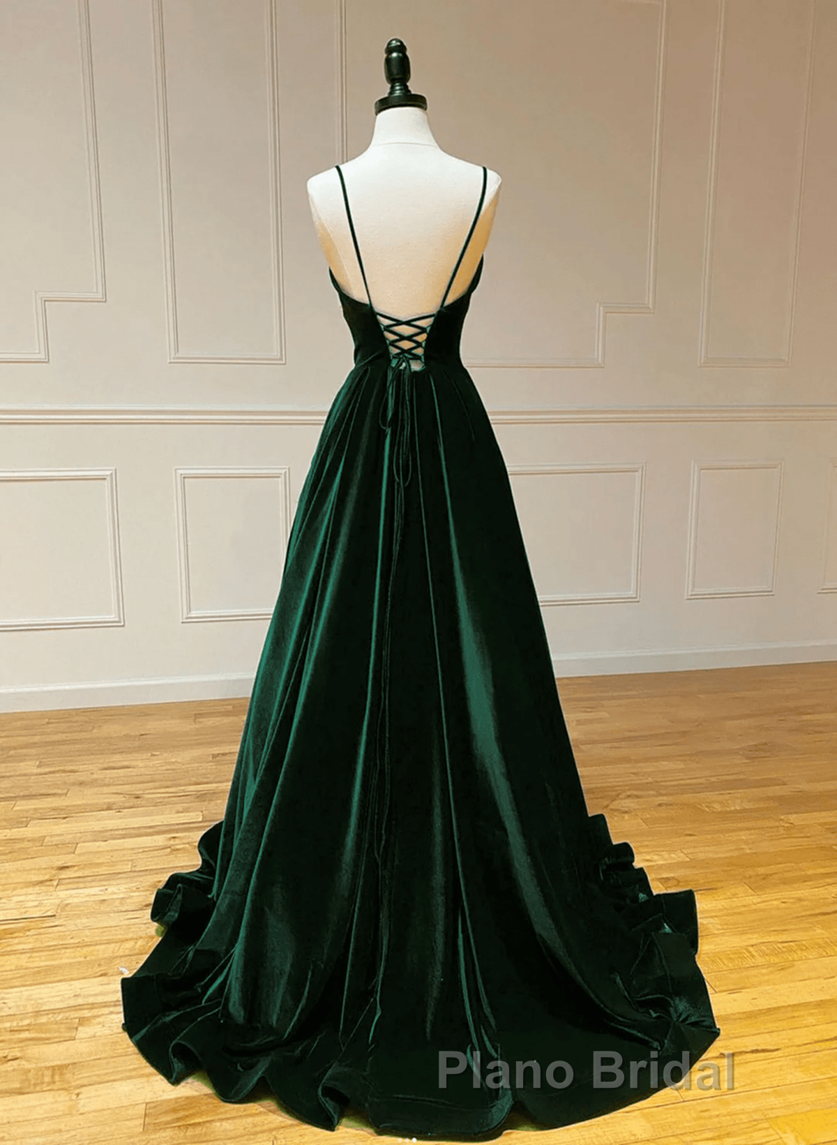 Green V-Neckline Straps Lace-Up A-Line Formal Prom Dresses, Green Velvet Long Formal Prom Dresses Secondary image