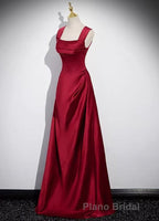 A-Line Sleeveless Wine Red Satin Evening Dresses, Wine Red Long Formal Prom Dresses