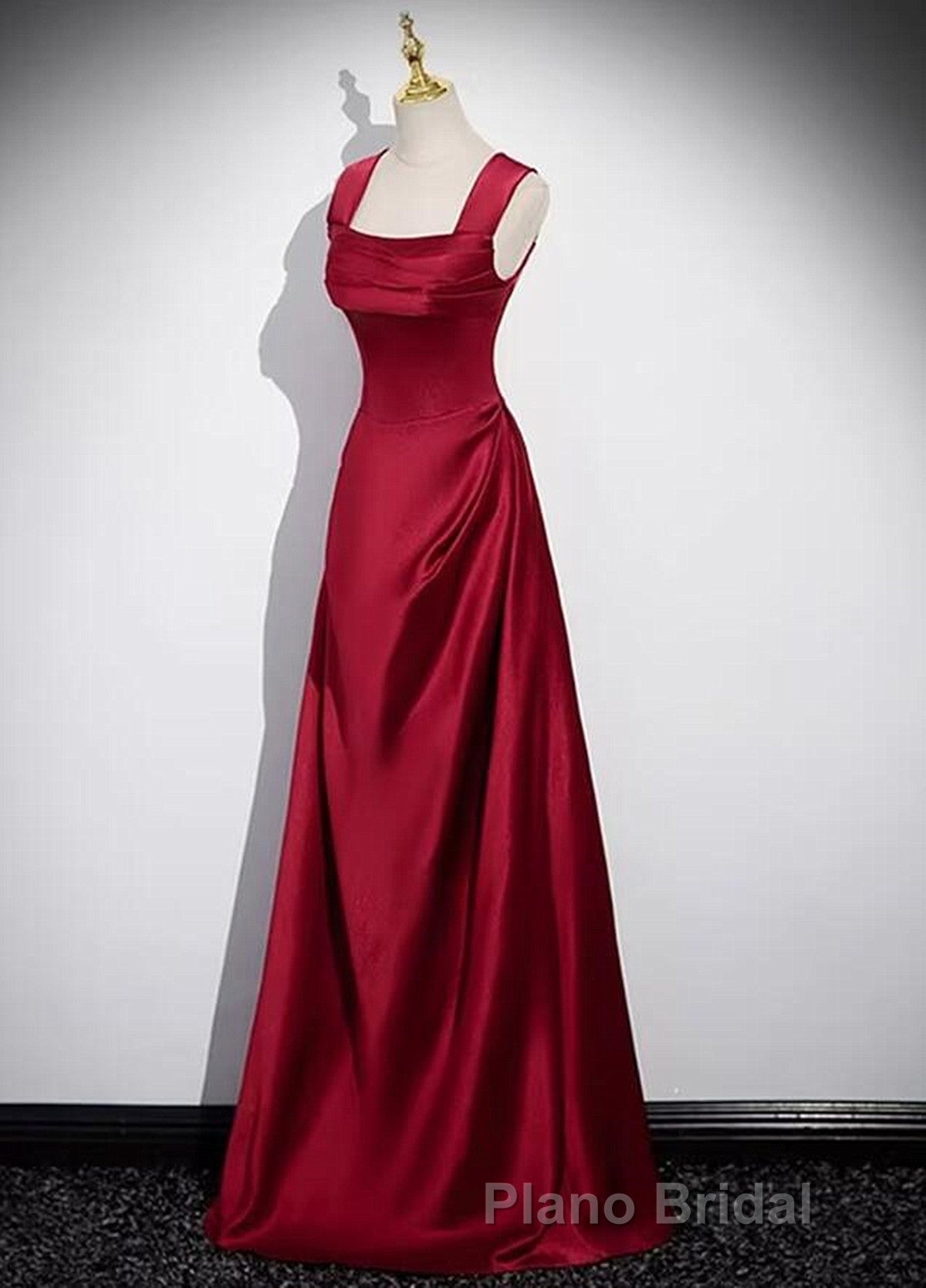 A-Line Sleeveless Wine Red Satin Evening Dresses, Wine Red Long Formal Prom Dresses