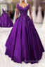 Purple Satin Long Sleeves Formal Prom Dress Formal Dress, Lace Applique Sweet 16 Dress