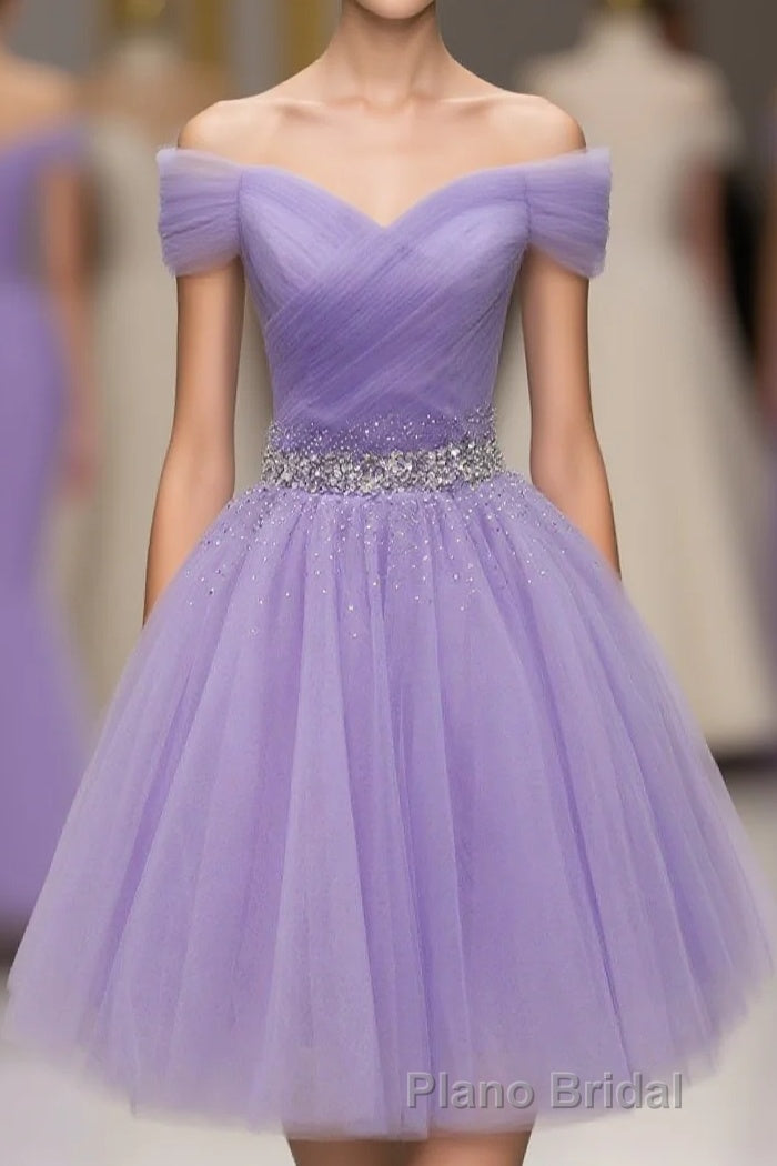 Purple Off Shoulder Tulle Sequin Formal Prom Dresses, Purple Homecoming Dresses Main image